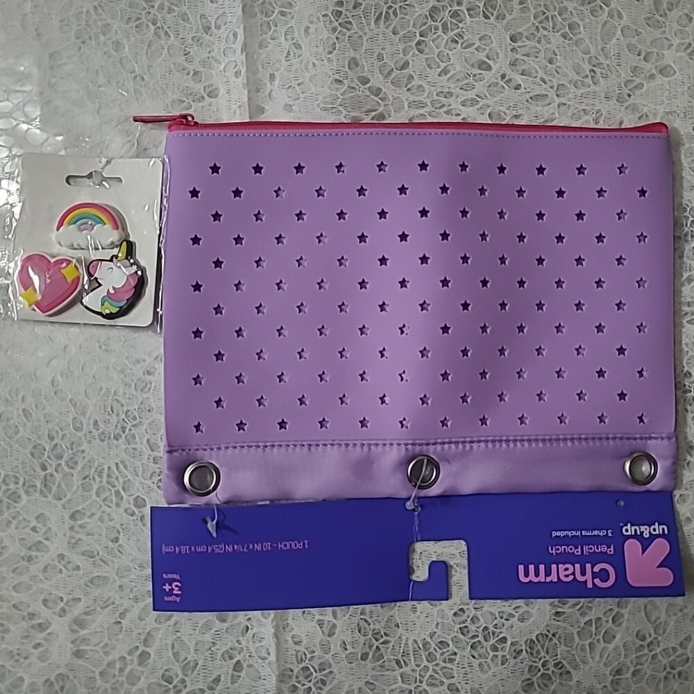 NWT Up&up charm pencil pouch with 3 charms Purple unicorns, rainbows and hearts
